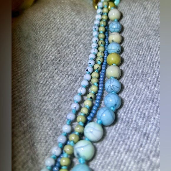Pressed Turquoise 4 stranded Beaded Necklace with leather & wood Accents 24” - Picture 7 of 10
